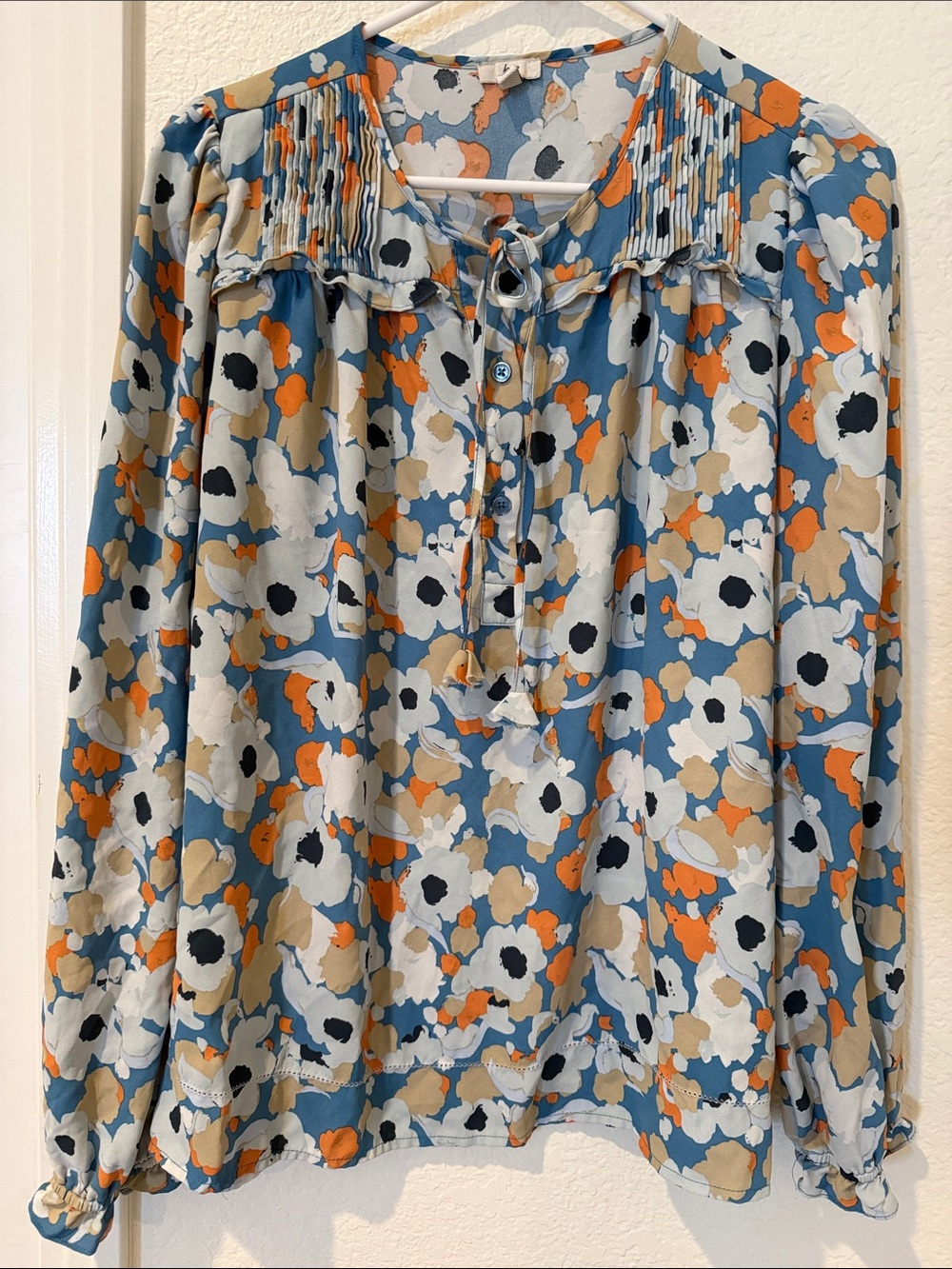 Joie Blue Multi Floral Tie-Neck Blouse